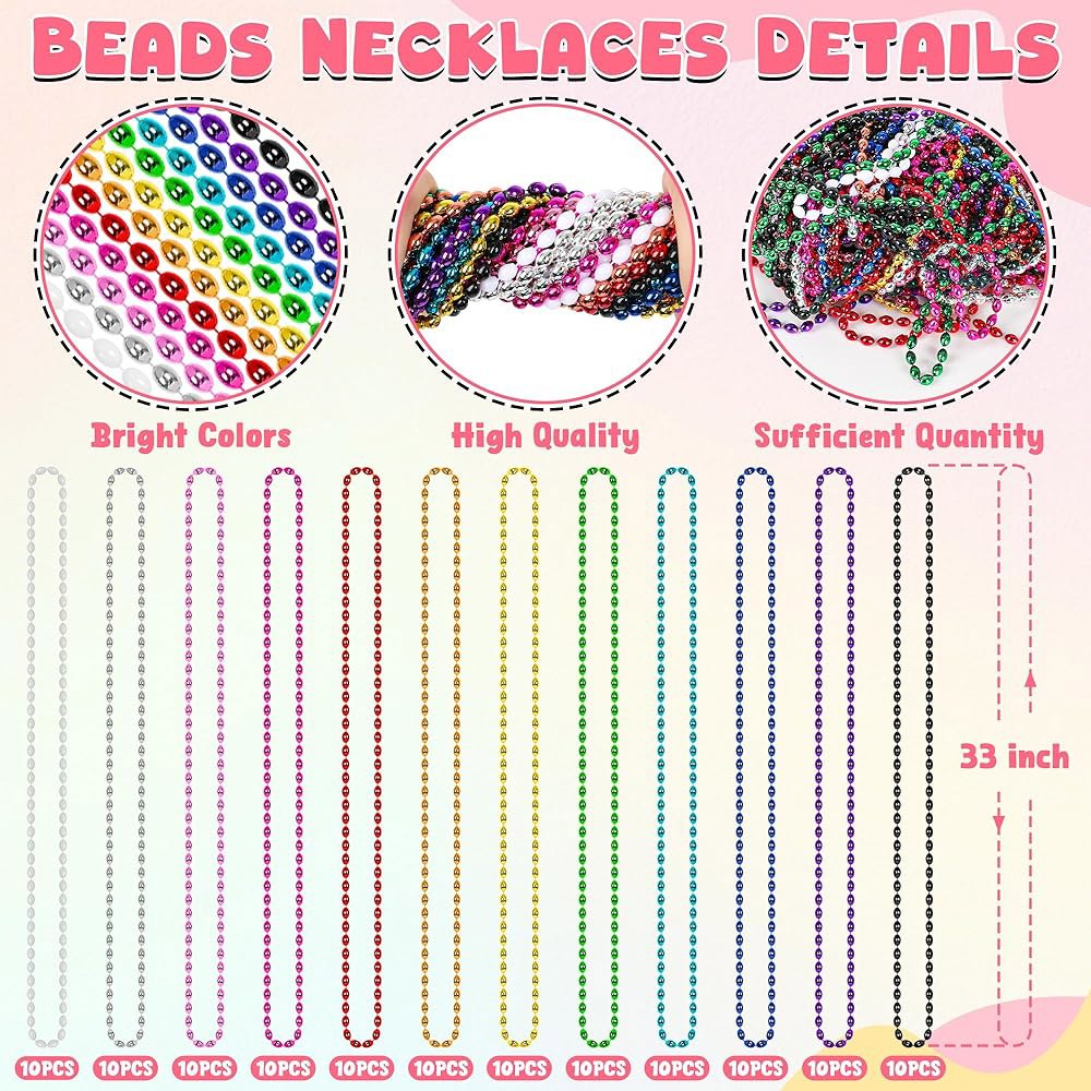 허스킨 120Pcs 마디 그라 비즈 목걸이, 12가지 색상 타원형 구슬 33인치 의상, 액세서리, 퍼레이드 용품 카니발 테마 파티 장식 결혼식 생일 12 Colors - 상세 이미지 3