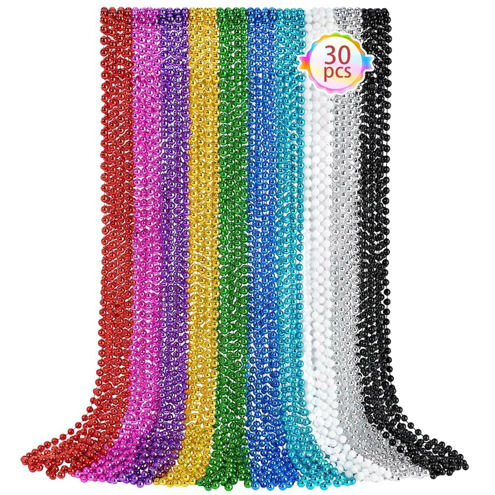 샤오킨린 30개의 PCS 마디 그라 비즈 목걸이, 10가지 색상 33인치 다채로운 구슬 그라를 위한 대량 원형 파티 비즈, 성 패트릭의 날, 크리스마스, 카니발 선호도 Black - 상품 이미지