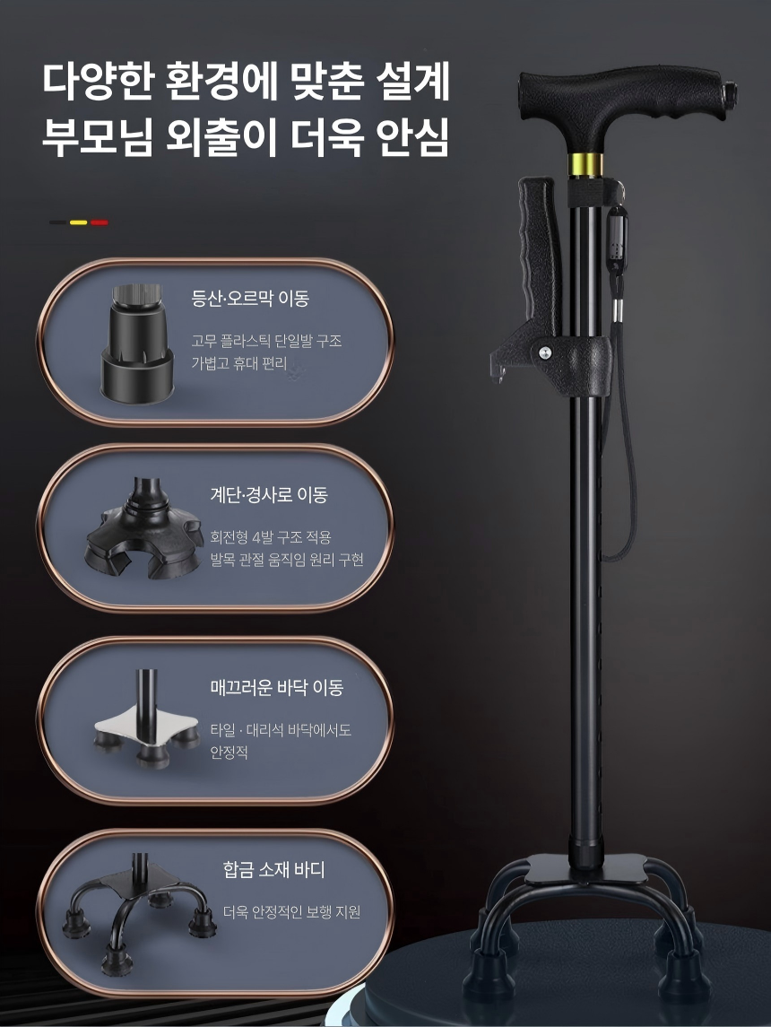 LED 충전식 노인 지팡이 3단 변형 네발 미끄럼방지 높이조절 보행보조 지팡이 - 상세 이미지 4