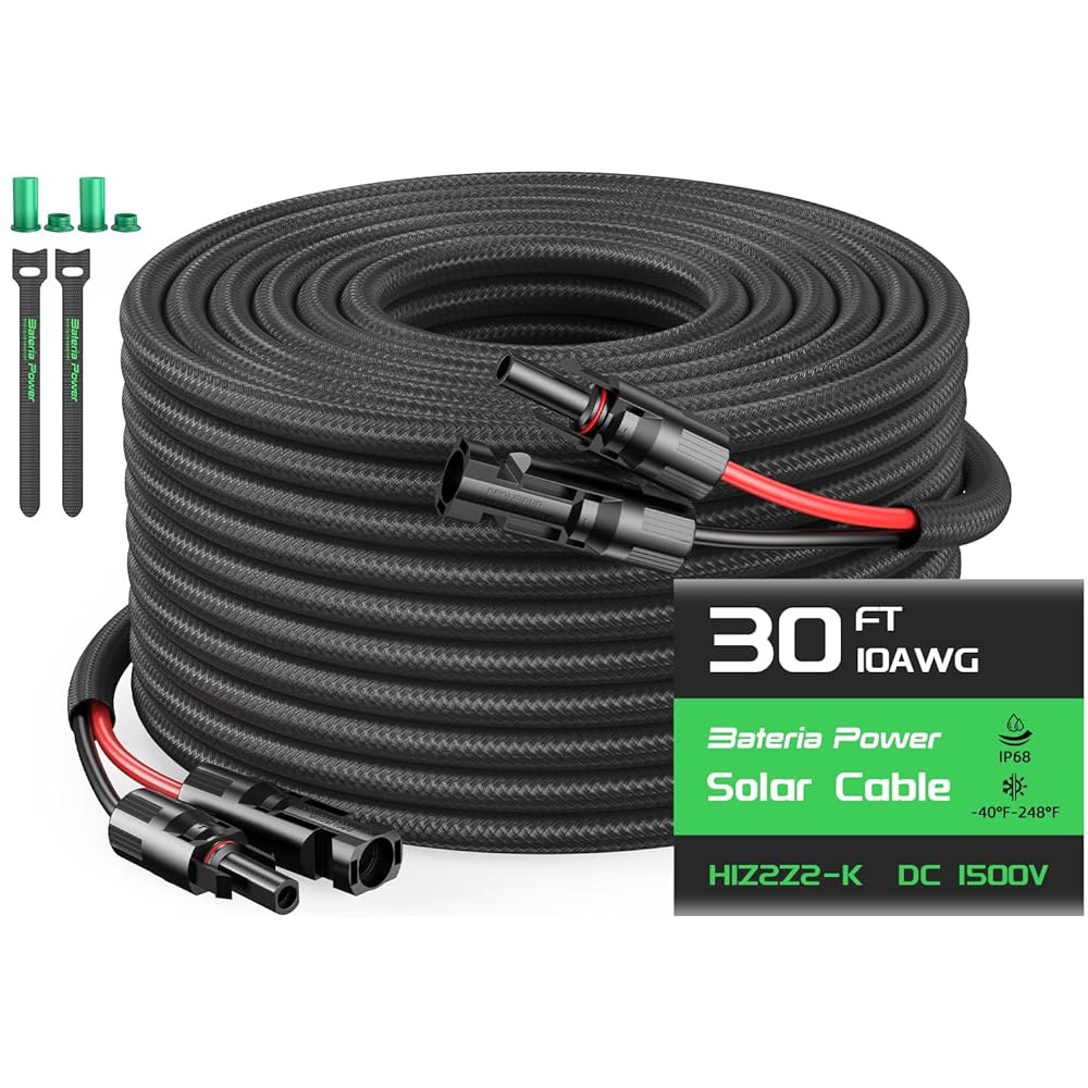 Bateria Power 10AWG 30FT 태양광 패널 연장 케이블, 난연 보호 슬리브 트윈 와이어 10 게이지 케이블(IP68 암수 방수 커넥터 포함), 가정용 먼지 캡, RV - 상품 이미지
