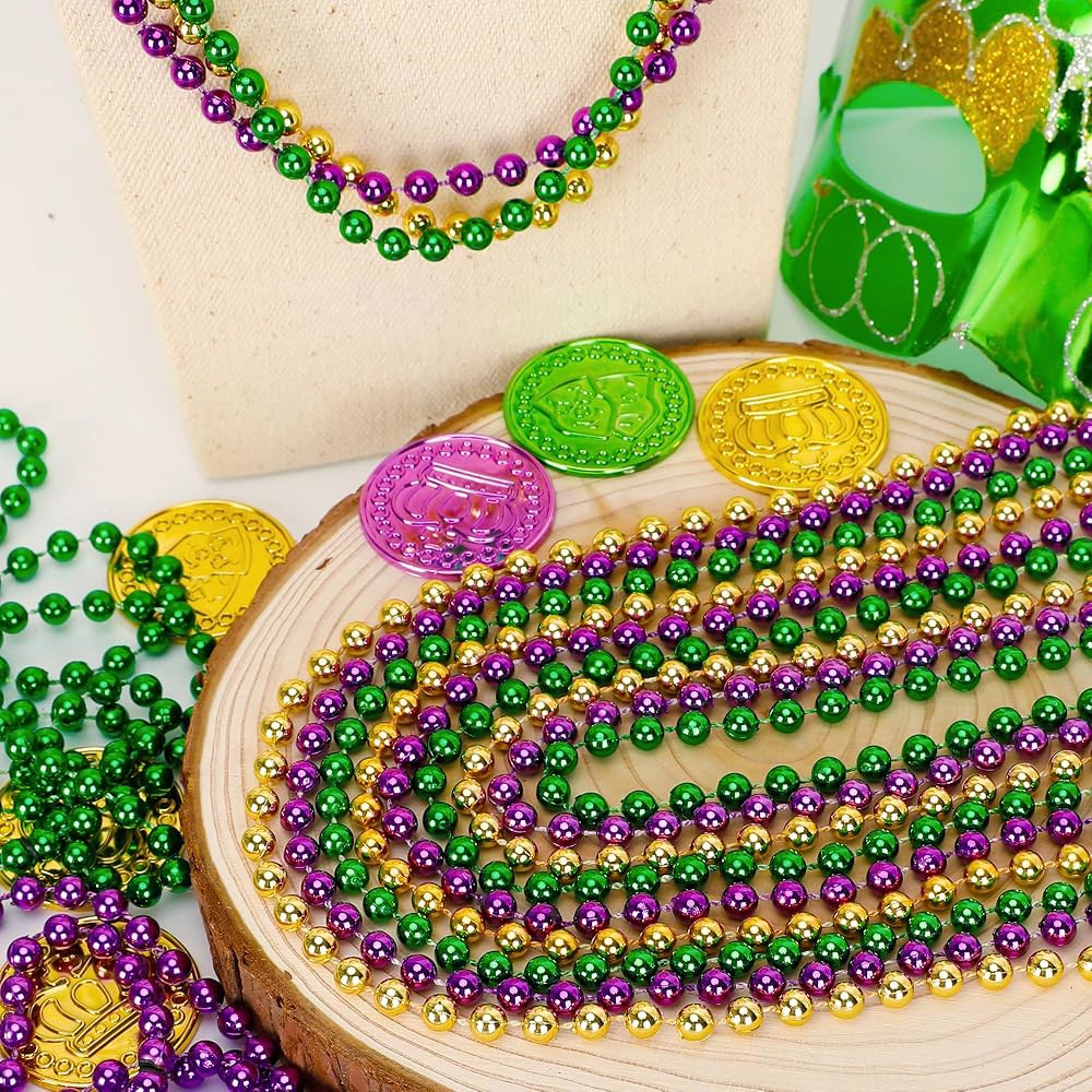 허스킨 120PCS 마디 그라 비즈, 33인치 구슬 목걸이, 퍼플 골드 그린 액세서리, 파티 의상 목걸이 퍼레이드, 이벤트에서 여성 남성 대량 던지기, 용품 장식 선호 - 상세 이미지 3