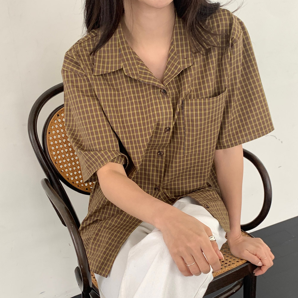 여성 여름 셔츠 언발 얇은 코튼 루즈핏 반팔 체크 남방 머스타드 브라운 블랙 - 상품 이미지