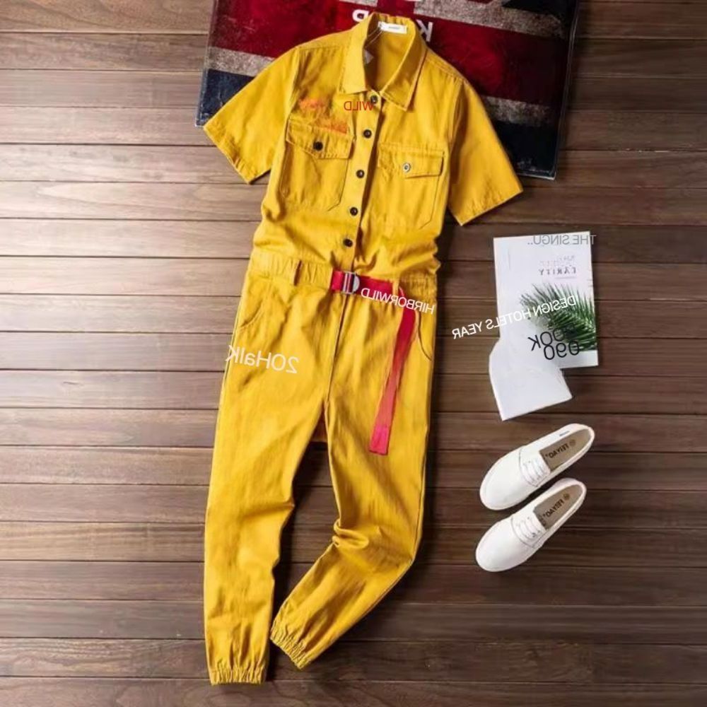 여성용 멜빵 점프수트 데님 멜빵바지 와이드 점프슈트 오버롤 팬츠 여름 원피스 여자 반팔 크림색 S - 상품 이미지