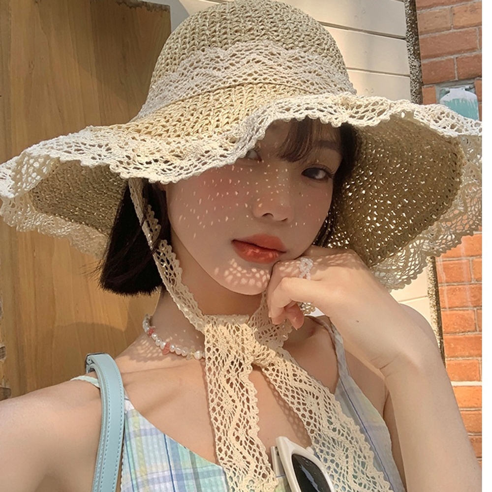 J2K 여성 레이스 끈 리본 여름 왕골 모자 바다 해외 여행 바캉스룩 - 상품 이미지
