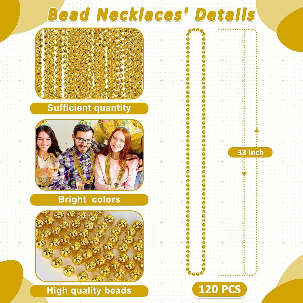 120PCS 마디그라 비즈, 33인치 금 구슬 목걸이, 크리스마스 비즈 의상 결혼식 생일 해적 파티 학교 활동 용품을 위한 축제 퍼레이드 던지기 액세서리 Blue - 상세 이미지 3