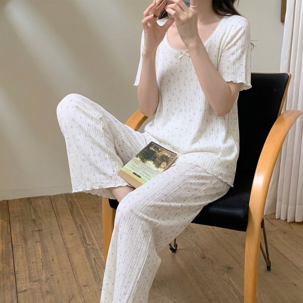 캡내장 여성잠옷 순면 파자마세트 노브라 반팔 긴바지 홈웨어 꽃무늬 잠옷 이미지 6