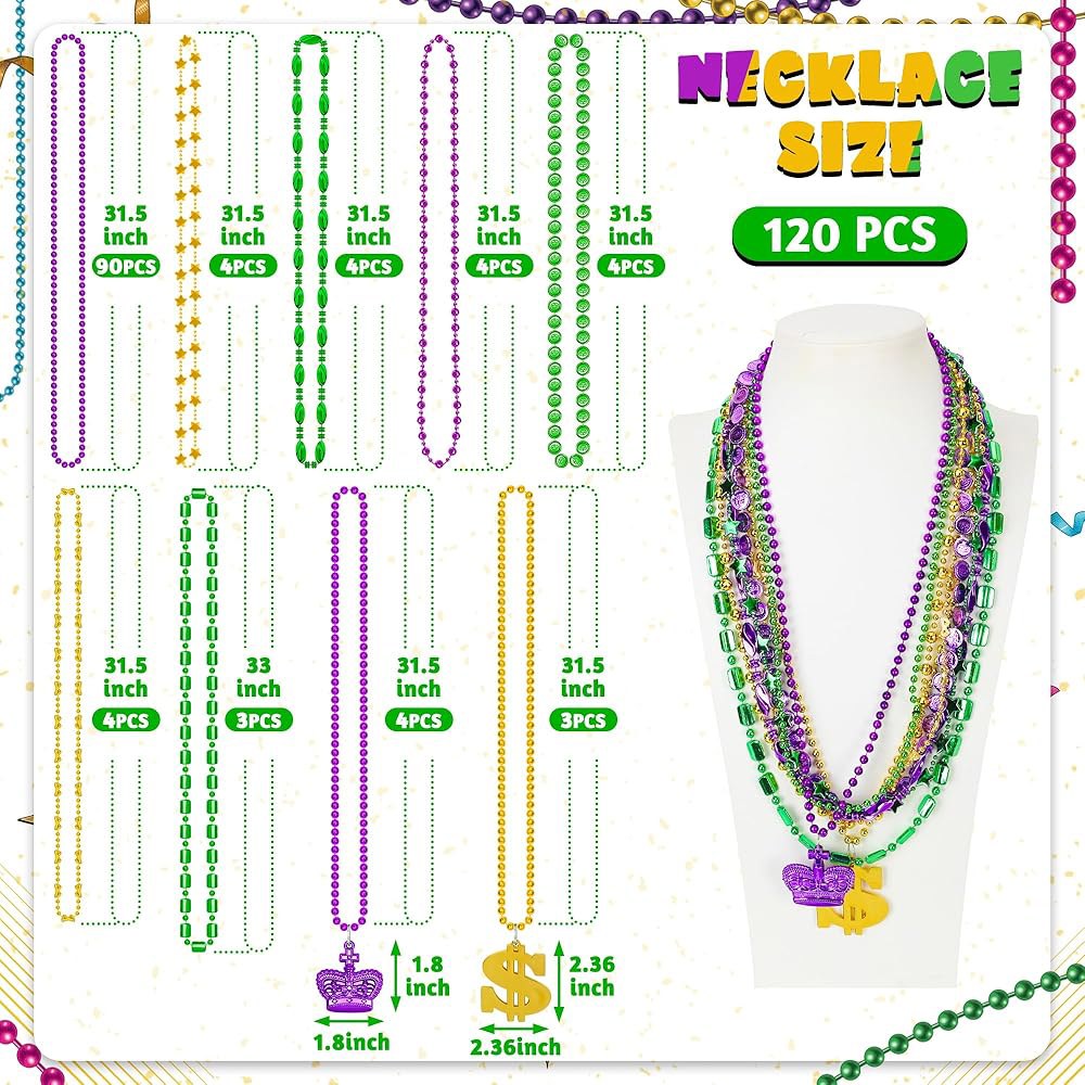 허스킨 120 PCS 마디그라 비즈 목걸이 벌크, 9가지 스타일 액세서리, 퍼플 골드 그린 퍼레이드용 목걸이, 가면극 의상 파티 장식품 증정 120 PCS - 상세 이미지 3