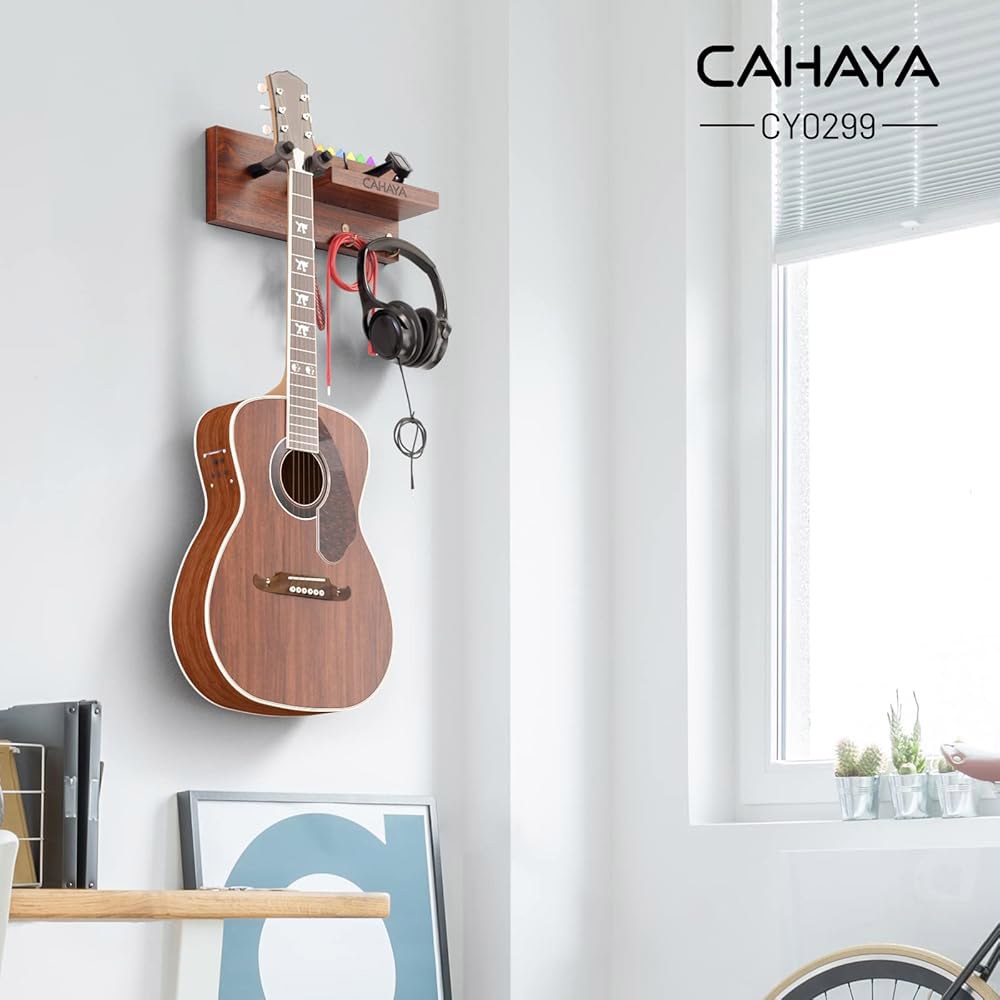 선반 및 픽 홀더 디스플레이가 있는 CAHAYA 기타 벽걸이 - 어쿠스틱, 일렉트릭, 베이스, 바이올린, 밴조, 만돌린, 우쿨렐레를 위한 3가지 액세서리 보관 후크 CY0299 - 상세 이미지 2