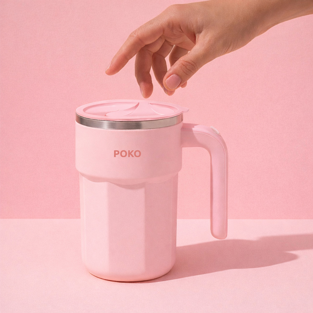 POKO 전동 손잡이 머그컵 자동회전 스텐 텀블러 베이비핑크 - 상품 이미지