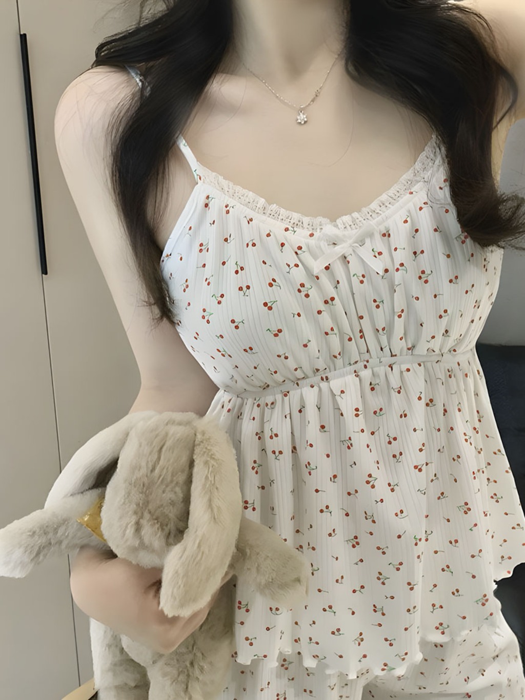 컴피 캡내장 여름잠옷 순면 홈웨어 노브라 페어리체리 나시반바지 파자마 세트 - 상품 이미지
