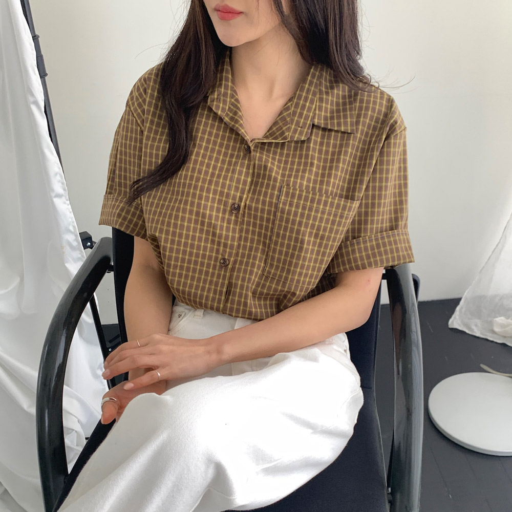여성 여름 셔츠 언발 얇은 코튼 루즈핏 반팔 체크 남방 머스타드 브라운 블랙 - 상세 이미지 2