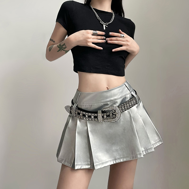 갸루 Y2K 스커트 특이한 짧은 치마 A라인 테니스 플리츠 가죽 느낌 걸크러쉬 - 상세 이미지 4