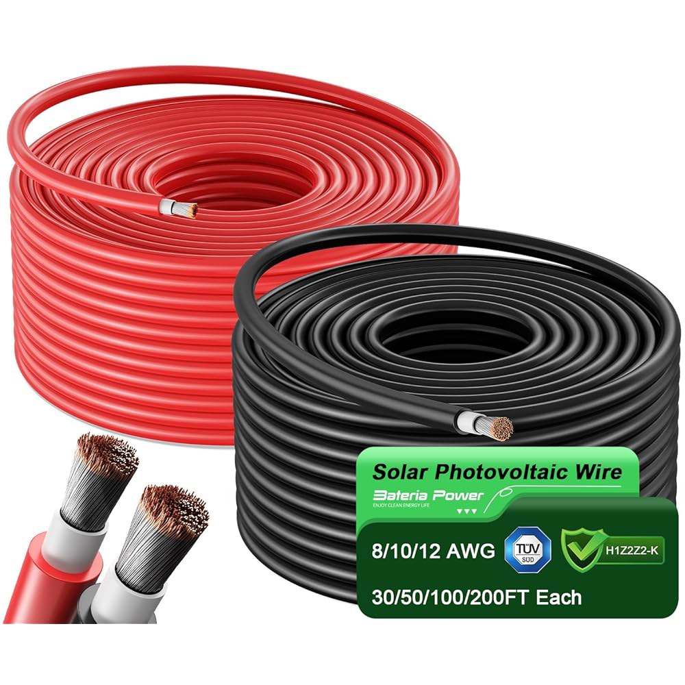 바테리아 파워 태양광 패널 와이어 50피트 블랙 및 레드 키트, 10AWG(6mm ) 연장 케이블 PV 주석 구리 야외 가정용 오프 그리드 시스템 자동차 RV 보트 마린 - 상품 이미지
