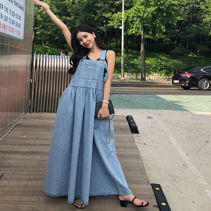 여성 데님 롱 멜빵 플리츠 청치마 캐주얼 코디 레트로 오버핏 스커트 - 상세 이미지 5