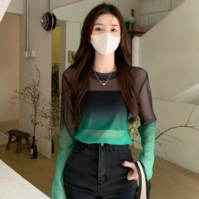 긴팔 댄스상의 방송 라인 댄스복 줌바 스포츠 시스루 사교 - 상품 이미지
