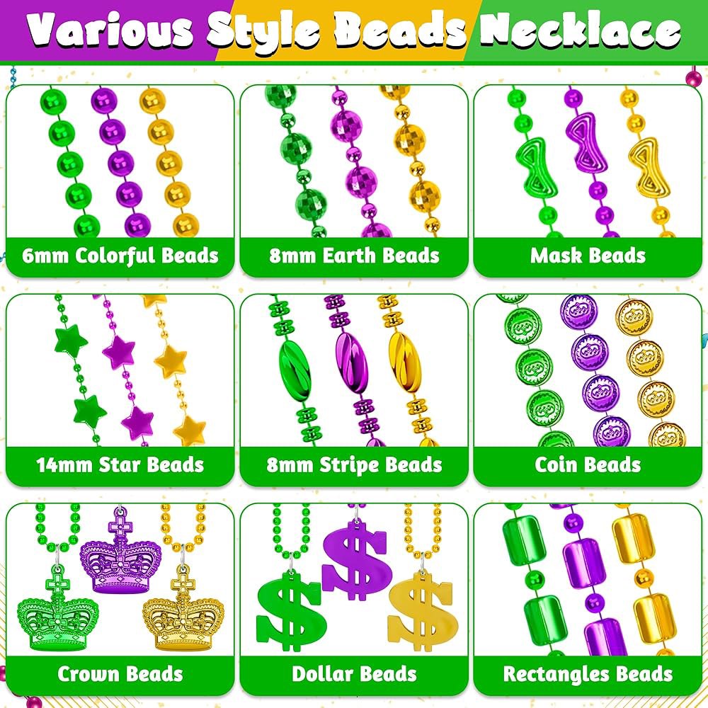 허스킨 800 PCS 마디그라 비즈 벌크, 9가지 스타일의 그린 퍼플 골드 메탈릭 액세서리 원형 코인 크라운 마스크 패턴 카니발 목걸이 퍼레이드용 파티 용품 증정 - 상세 이미지 3