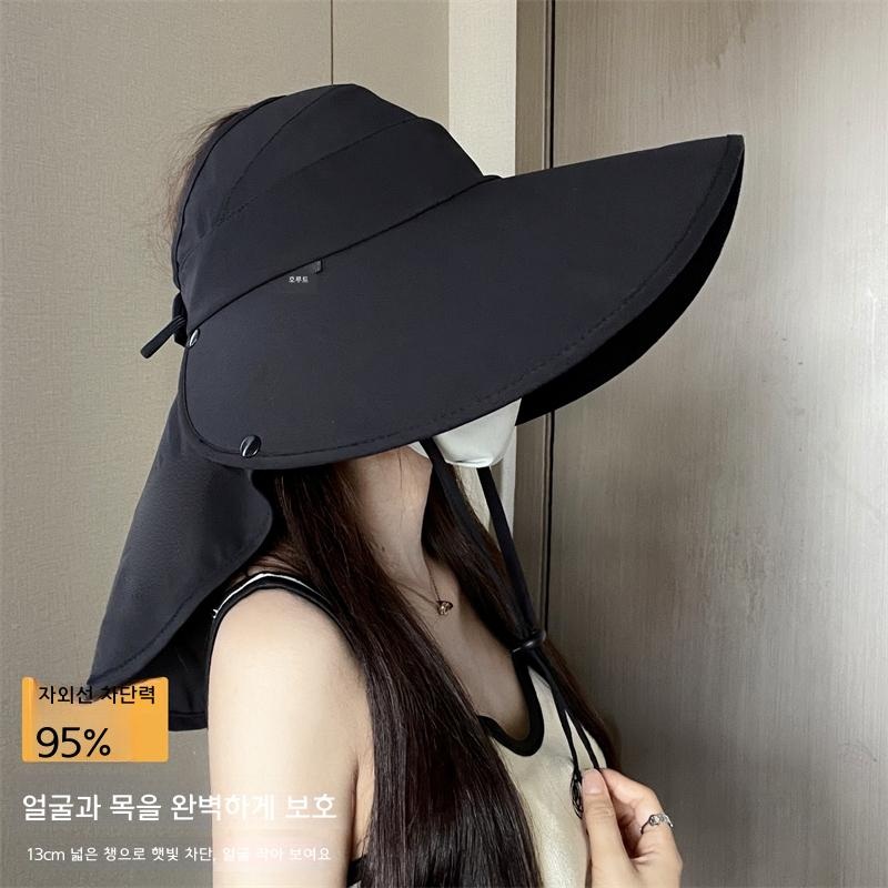 여성 여름 챙 넓은 햇빛 차단 모자 자외선 검정색 조절 가능 - 상품 이미지