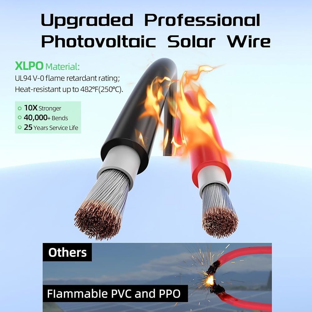 바테리아 파워 태양광 패널 와이어 50피트 블랙 및 레드 키트, 10AWG(6mm ) 연장 케이블 PV 주석 구리 야외 가정용 오프 그리드 시스템 자동차 RV 보트 마린 - 상세 이미지 3