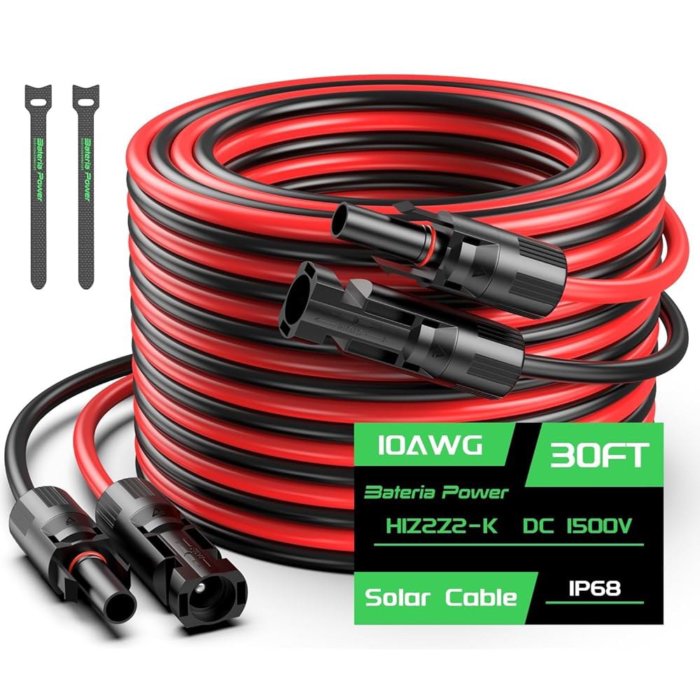 30피트 10AWG 태양광 패널 연장 케이블, 베테리아 파워 6mm 케이블 와이어(RV, 시스템용 암수 방수 커넥터 포함) 12AWG 10FT - 상품 이미지