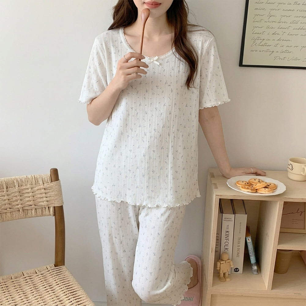 캡내장 여성잠옷 순면 파자마세트 노브라 반팔 긴바지 홈웨어 꽃무늬 잠옷 - 상세 이미지 5