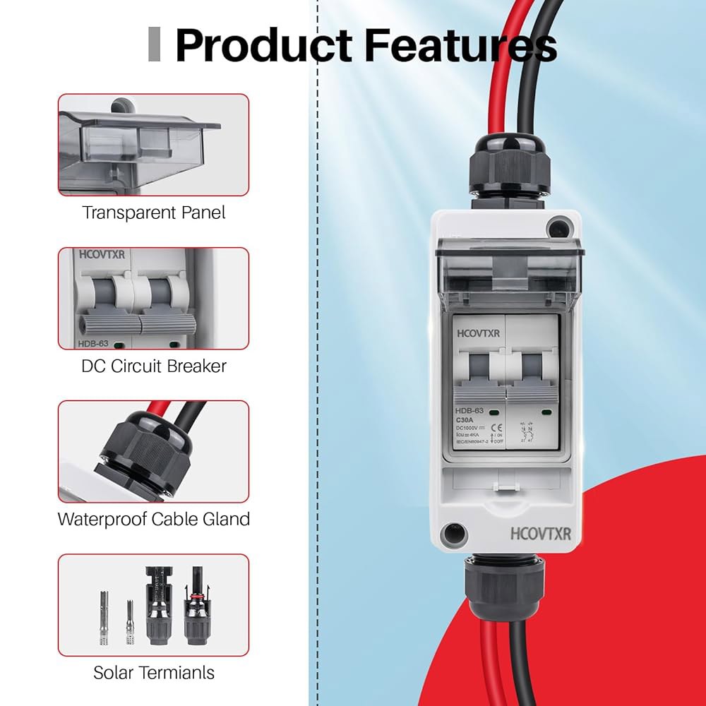 HCOVTXR 태양광 패널 연결 해제 스위치 30A 1000V DC PV 스위치, 가정용 배터리 시스템용 IP65 실외 회로 차단기(30A 1000V) 30Amp 550VDC - 상세 이미지 2