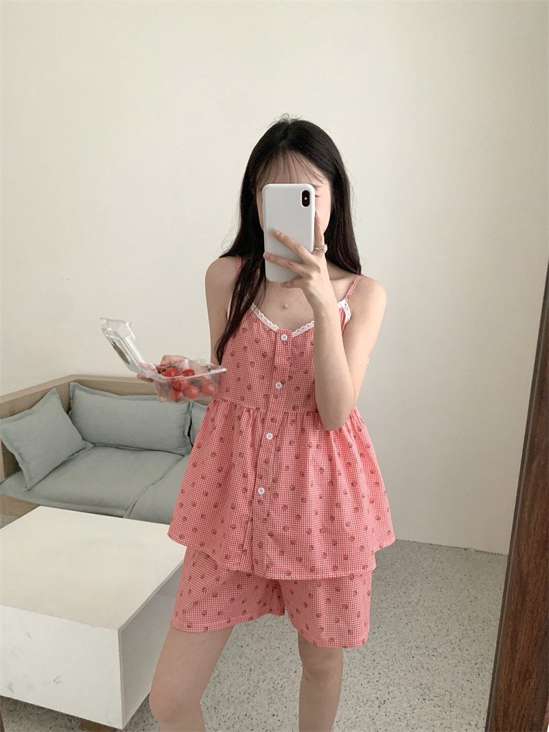 딸기 나시잠옷 반바지 긴바지 순면 민소매 집순이룩 홈웨어 파자마 여름 이미지 7