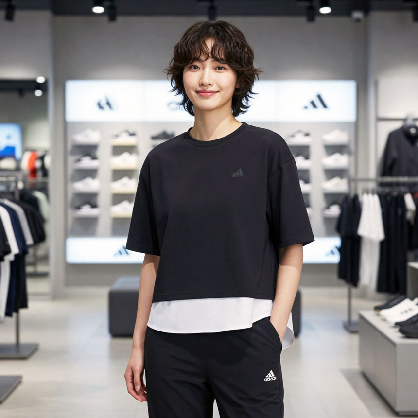 아디다스 여성 레이어드 삼선 루즈핏 순면 반팔 티셔츠 KA1018 - 상세 이미지 2