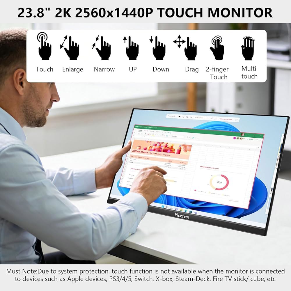 Prechen 23.8인치 2K 100Hz 대형 휴대용 터치스크린 모니터 100 sRGB IPS 디스플레이 QHD /90 조절 가능 스탠드 USB-C HDMI 노트북 데스크탑 25 - 상세 이미지 2