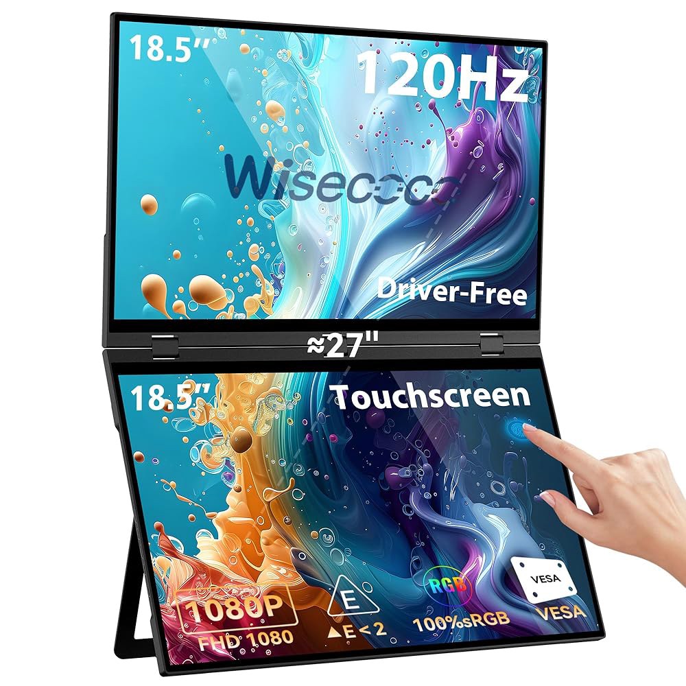 와세코코 18.5인치 120Hz FHD 1080P 터치스크린 듀얼 트리플 휴대용 모니터 IPS USB-C HDMI HDR 보조 디스플레이 접이식 노트북 PC 게이밍 100 sRGB - 상품 이미지