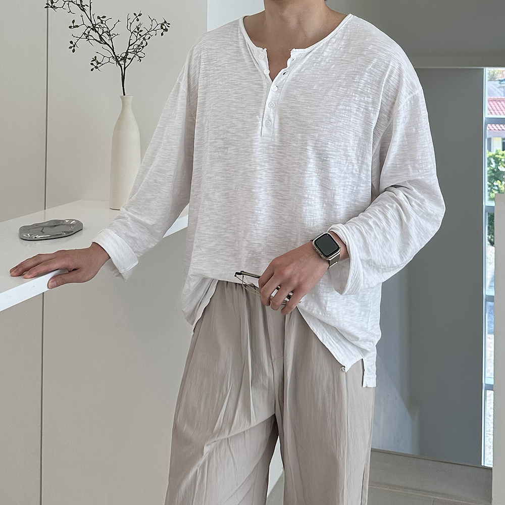 남자 오버핏 슬라브 쿨 아이스 헨리넥 여름 린넨 긴팔 티셔츠 남성 여름 긴팔티 - 상품 이미지