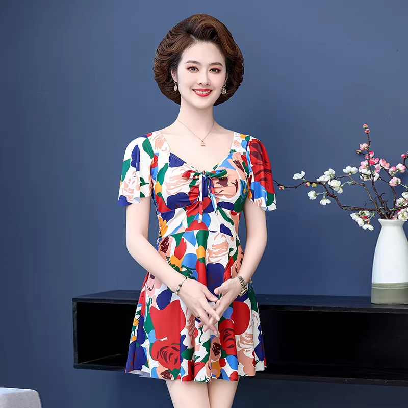 엄마 수영복 보수적 대사이즈 스커트 투피스 수영복 뱃살 커버 백합 8903 - 상세 이미지 3