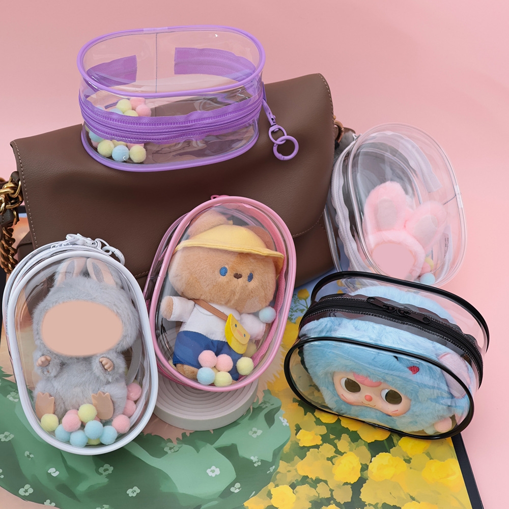 투명 가방 키링 파우치 인형 케이스 보관 PVC 외출 전시 수납가방 화이트 투명 가방+키체인+털공 세트 - 상세 이미지 3