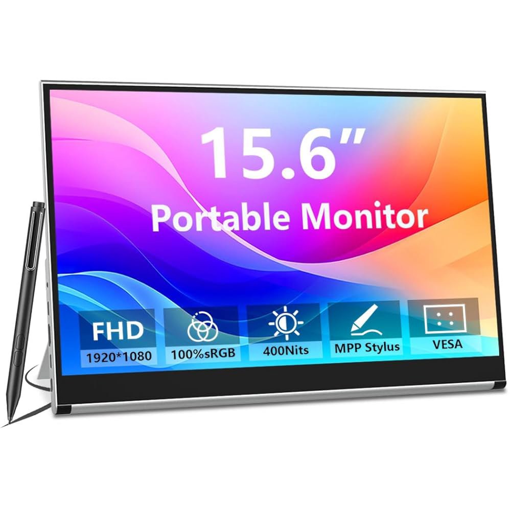 휴대용 모니터 터치스크린, 15.6인치 1080P 외장 모니터, MPP 스타일러스 포함, IPS, FHD, 100 sRGB, 400니트, 내장 스탠드, USB-C / HDMI Mi - 상품 이미지
