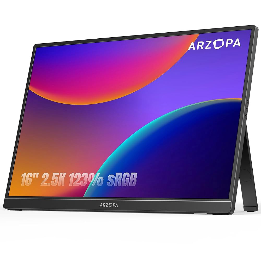 ARZOPA 16인치 2.5K 휴대용 모니터, 2560x1600 QHD IPS 디스플레이 123 sRGB, 내장형 USB-C HDMI 아이케어 외장 세컨드 스크린, Mac 노트북 - 상품 이미지