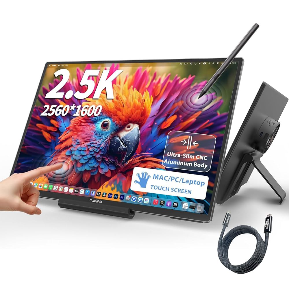 보호 슬리브, USB-C 플러그 앤 플레이가 포함된 Mac용 Catsights 휴대용 모니터 터치스크린 13.3인치 2.5K 모니터, 스탠드 및 스타일러스가 Mac 노트북 PC용 - 상품 이미지
