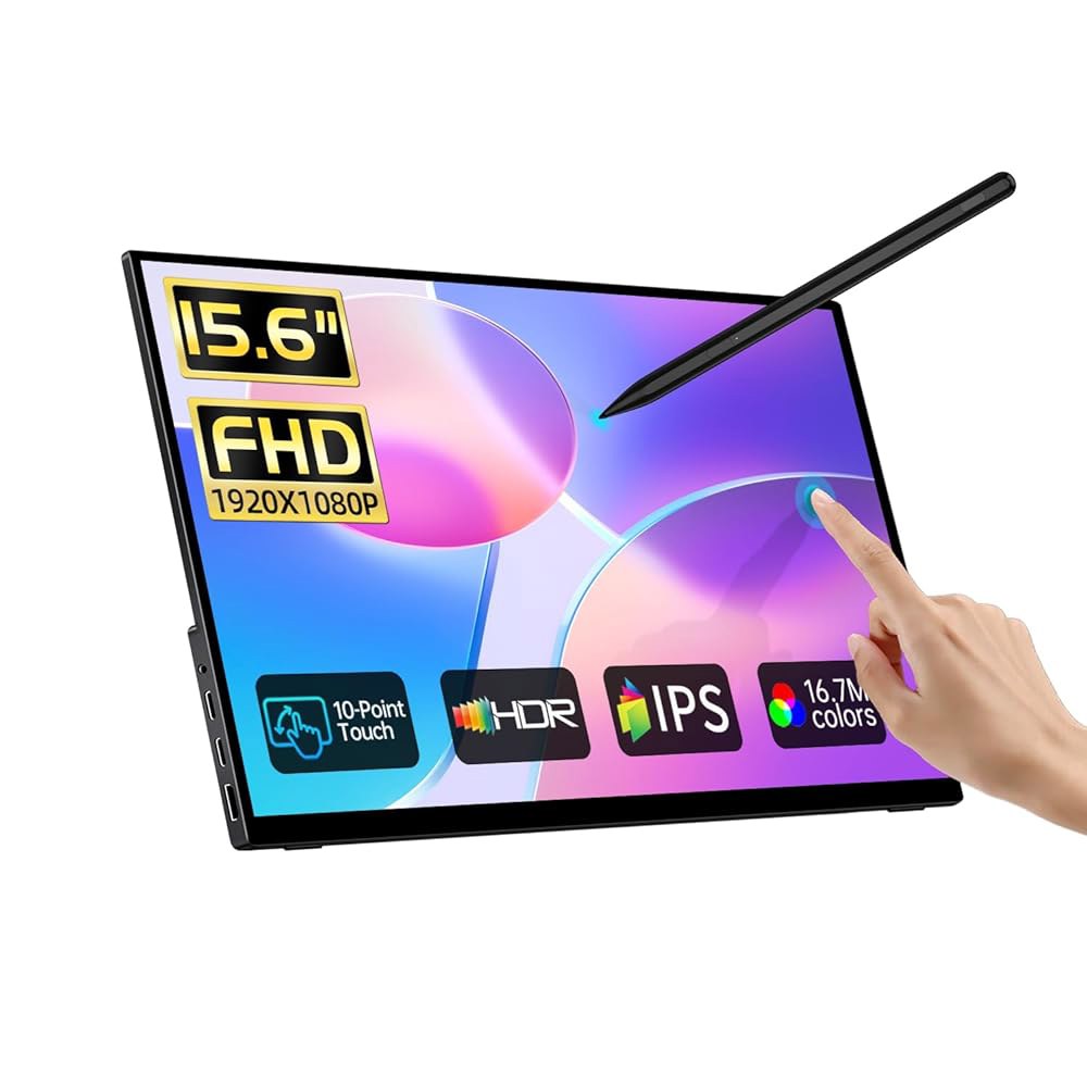 휴대용 모니터 터치스크린 15.6인치 FHD IPS 10포인트 터치스크린, 펜 및 보호 슬리브가 있는 여행용 내장 스탠드, 액티브 스타일러스 지원, Mac, 노트북, PC용 HDM - 상품 이미지