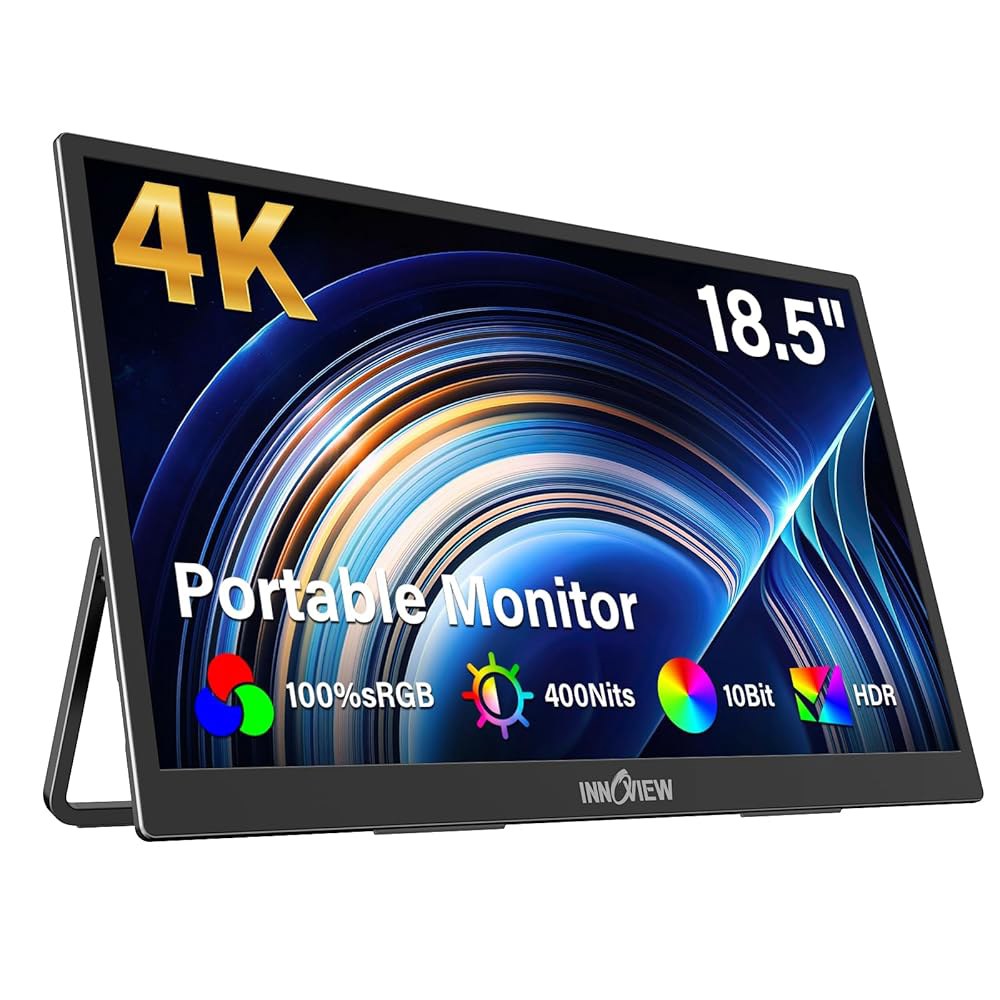 노트북용 Innoview 4K 휴대용 모니터 18.5인치 3840x2160 UHD USB-C HDMI, 데스크탑 맥폰 태블릿 PS5/4 스위치용 180 조절 가능한 스탠드를 갖춘 - 상품 이미지