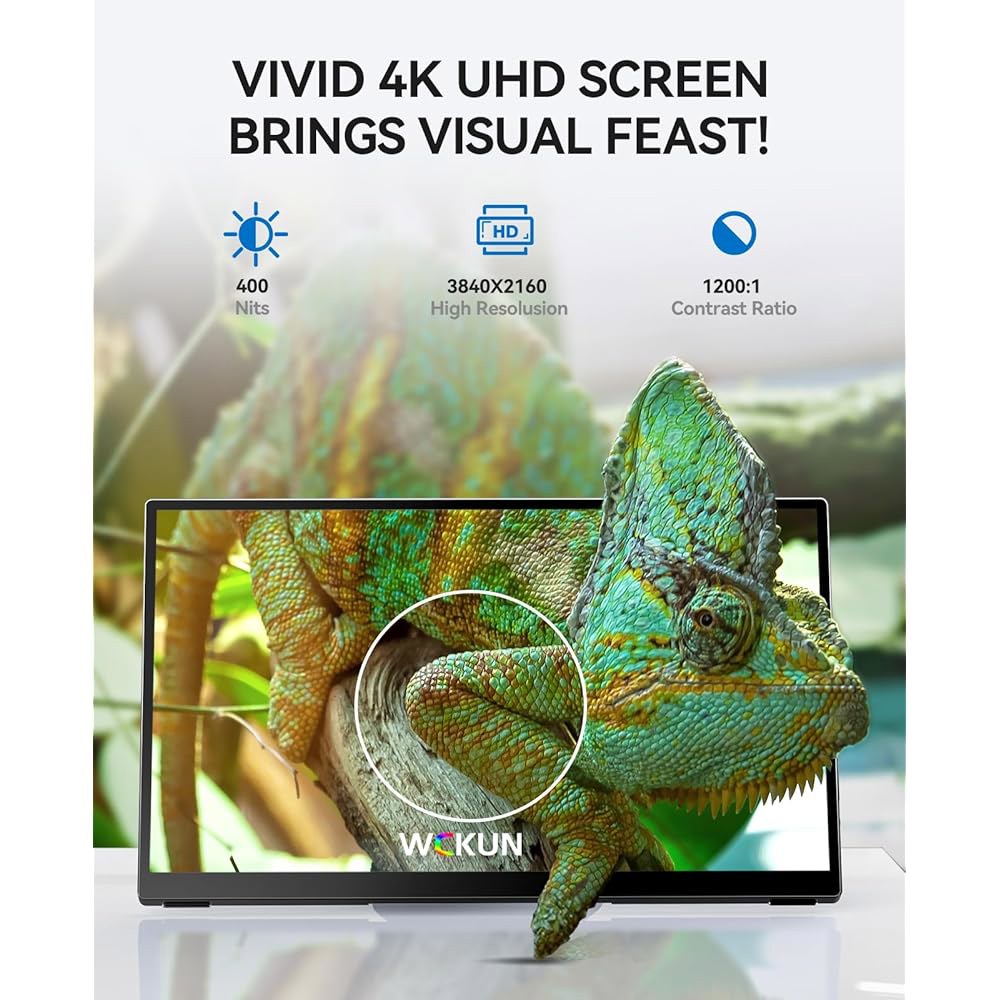 WCKUN 휴대용 모니터 터치스크린 17.3인치 4K 60Hz 3840x2160 UHD 메탈 프레임, 킥스탠드 및 듀얼 스피커가 있는 여행용 모니터, USB C, 노트북, PC, - 상세 이미지 2