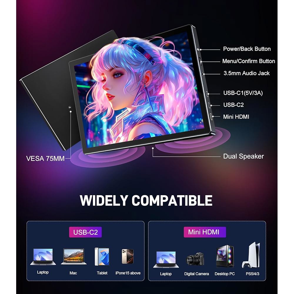 Forzola 10.1인치 휴대용 터치스크린 모니터, 스크린 익스텐더 1920x1200 IPS 여행용 소형 커버 포함, 노트북 Windows PC Mac PS4 Xbox용 USB- - 상세 이미지 2