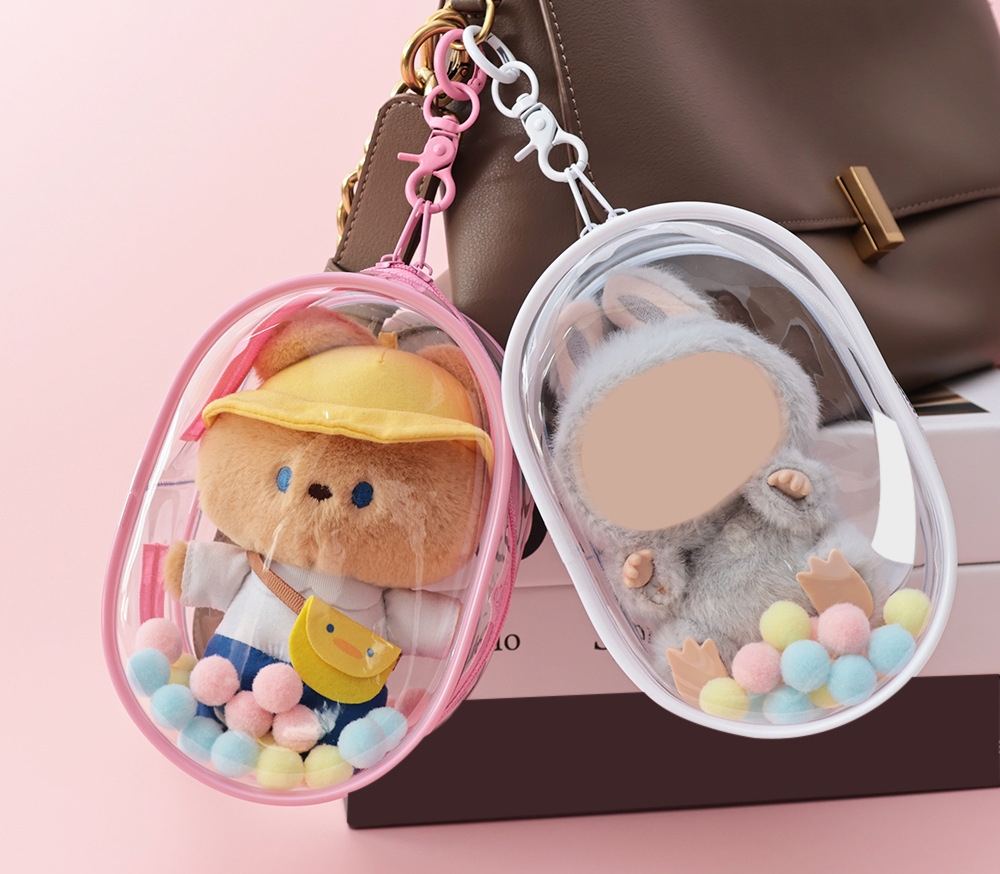 투명 가방 키링 파우치 인형 케이스 보관 PVC 외출 전시 수납가방 화이트 투명 가방+키체인+털공 세트 - 상품 이미지