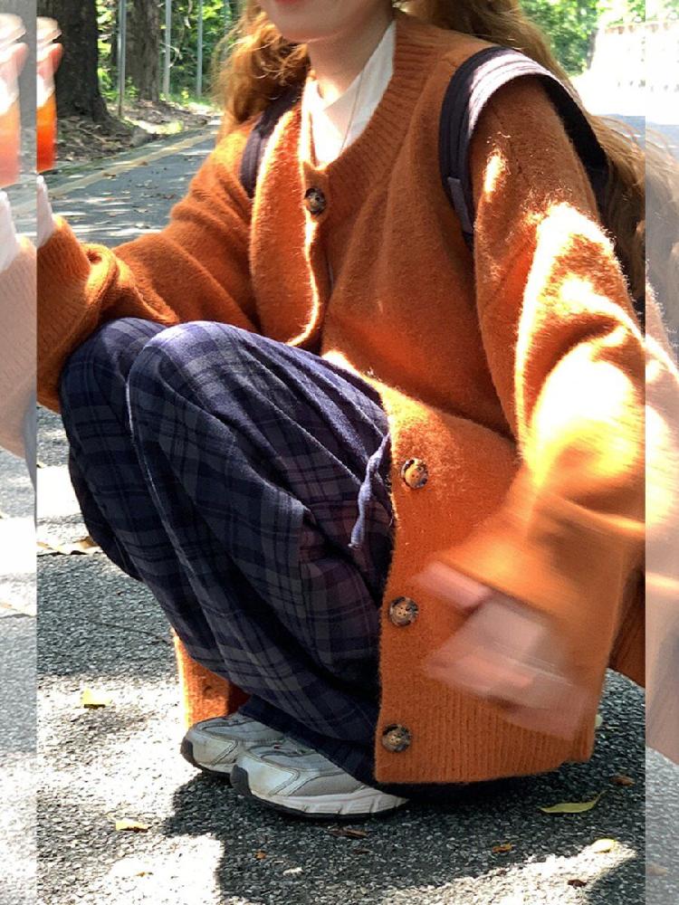 허리길이 루즈핏 기본 자켓 브이넥 니트가디건 트위드 여성용 하객룩 가을 긴팔 간절기 단추 - 상세 이미지 4