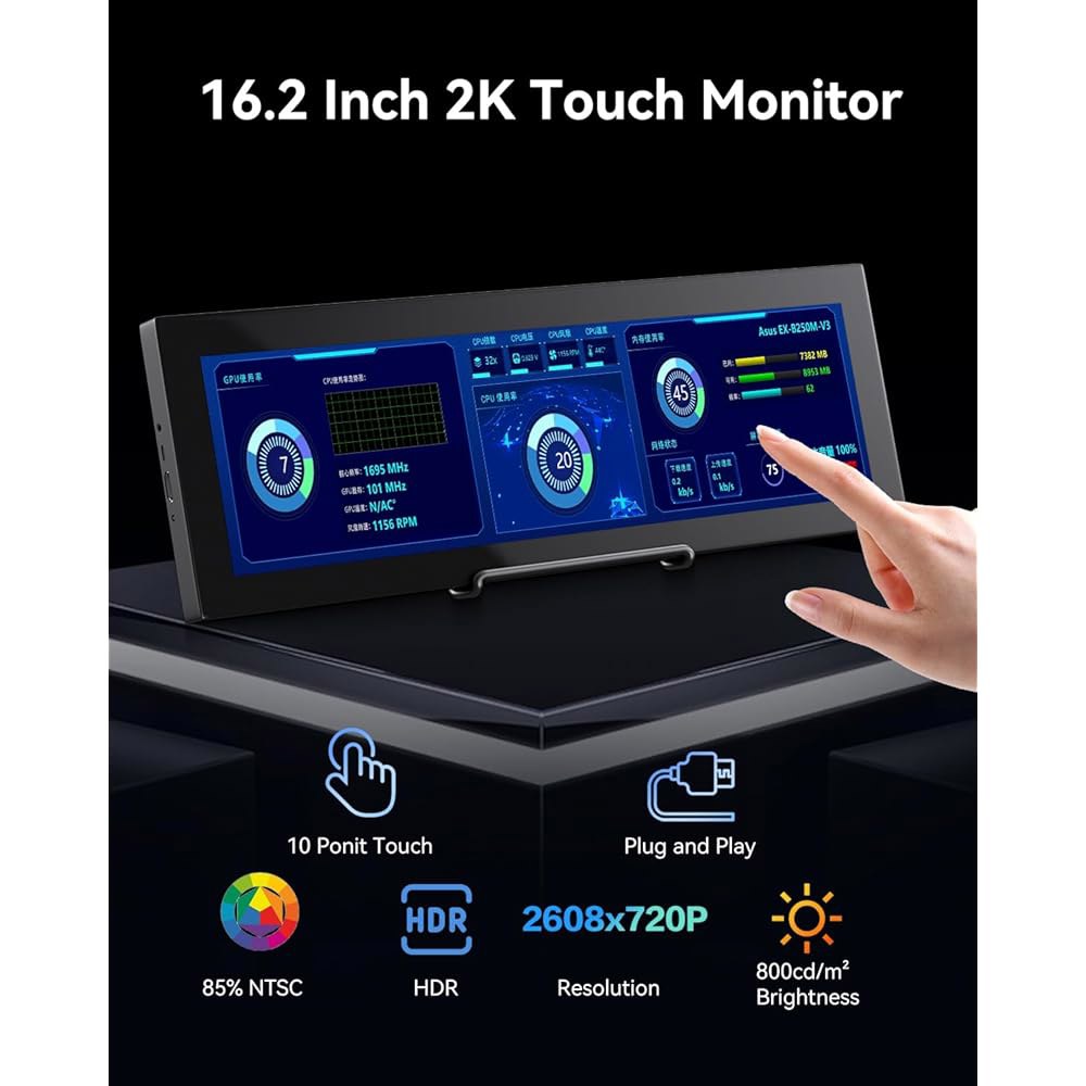 Prechen 16.2인치 2K QHD IPS 2608 720 터치스크린 보조 모니터, 스트레치 바 LCD 트래블 터치 디스플레이 HDMI USBC, 노트북 컴퓨터용 휴대용 터치스 - 상세 이미지 3
