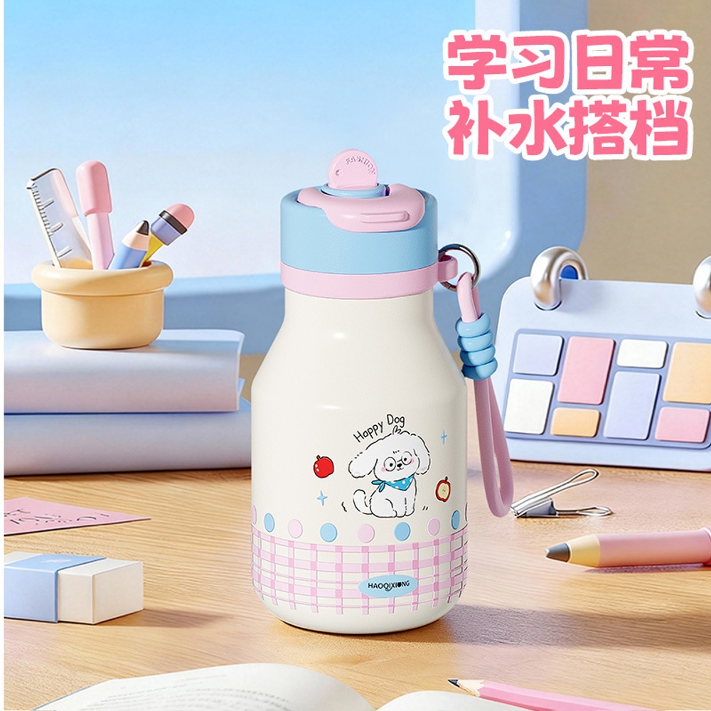 미니 파스텔 텀블러 보온 보냉 빨대컵 우유병디자인 일본스타일 캐릭터 물병 휴대용 해피퍼피 세라믹 480ml - 상세 이미지 3