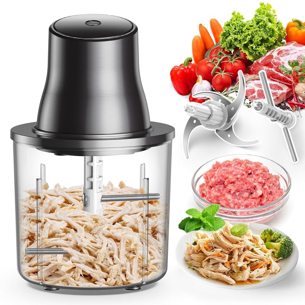 푸드 프로세서, 250W 구리 모터가 장착된 1인치 전기 치킨 분쇄기 및 초퍼 2개, 1.5L 볼 2개의 이중 레벨 블레이드, 원터치 가슴 도구-스마트 과열 방지 Black - 상품 이미지