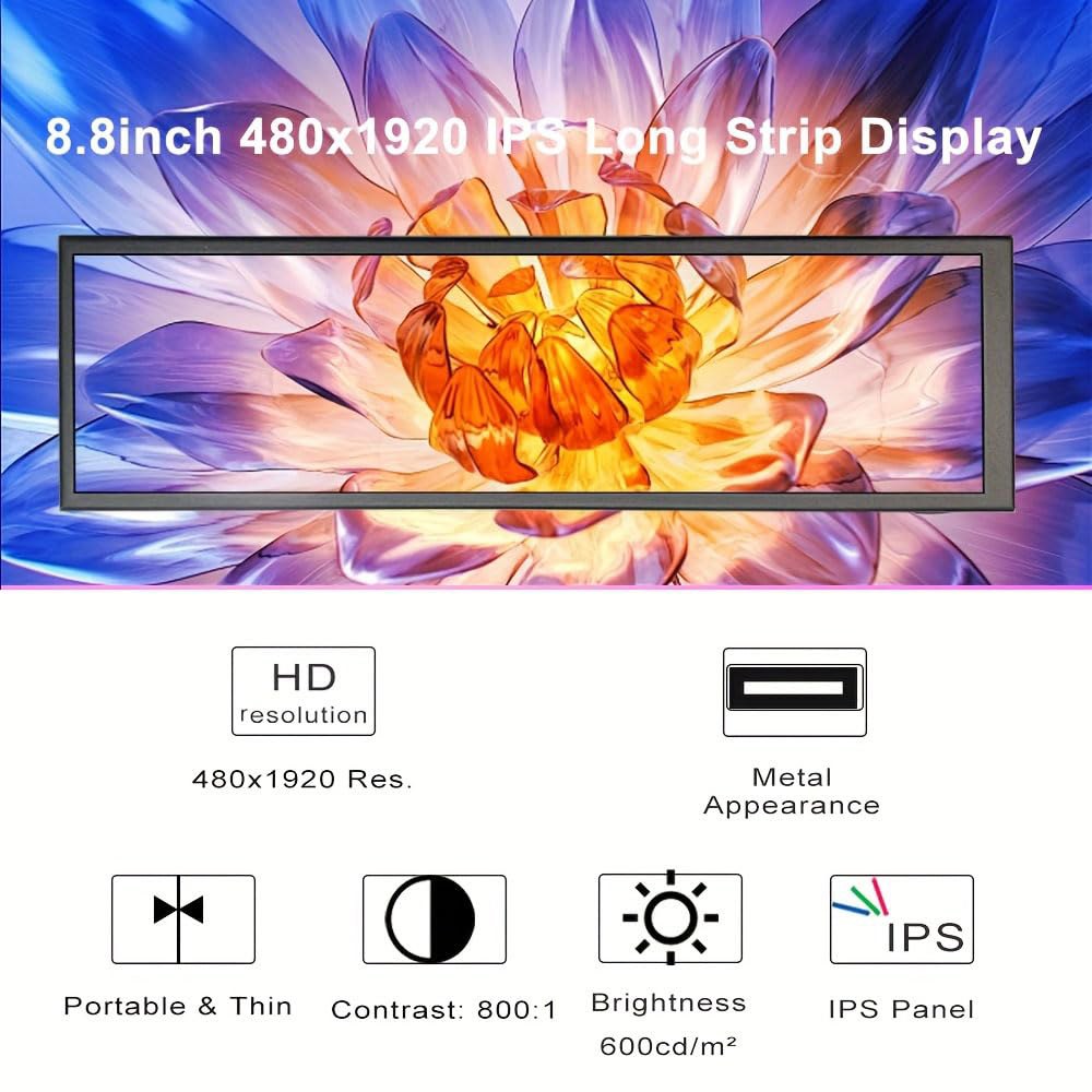 8.8인치 터치스크린 바 디스플레이, 1920x480, USB-C 포트가 있는 메탈 쉘 IPS 휴대용 터치 모니터. 라즈베리 파이, 노트북 Aida64 모니터링, GPU/CPU - 상세 이미지 3