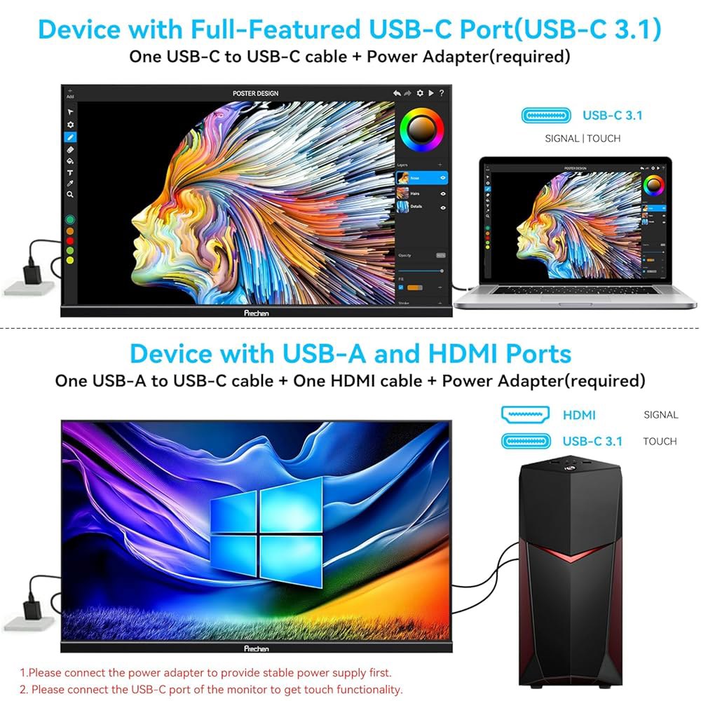Prechen 23.8인치 200Hz 휴대용 터치스크린 모니터 99 sRGB VA FHD 1080P, VESA, 내장 스피커, /90 조절 가능한 스탠드 USB-C HDMI 외장 - 상세 이미지 3