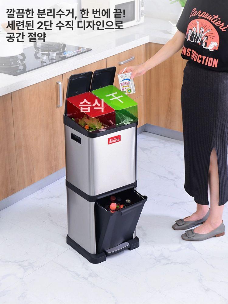 스텐 수거함 무소음 깔끔 냄새차단 페달식 휴지통 사각 페달형 밀폐커버 쓰레기 원형 - 상세 이미지 2