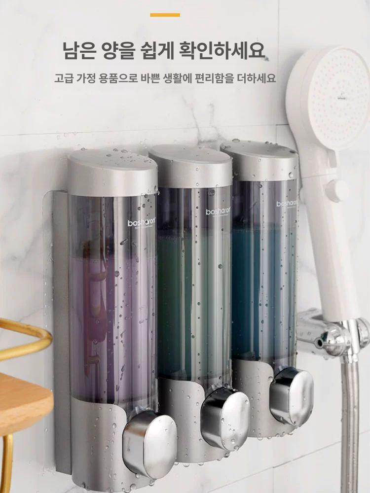 호텔 욕실 디스펜서 무타공 리필 샴푸 린스 샤워 3구 바디워시 용기 샴푸통 화이트 벽걸이 - 상세 이미지 5