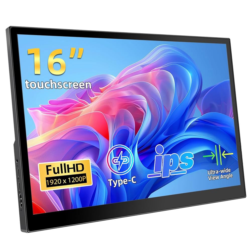 피시헨 휴대용 터치스크린 모니터 16인치 1920X1200P IPS 모니터, USB C HDMI 포트, 350cd /m , 노트북 PC 폰 컴퓨터 PS4/5용 외장 - 상품 이미지
