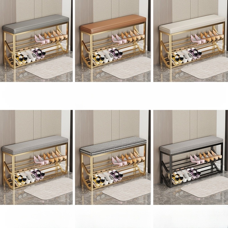 현관 수납 신발장 의자 슬림 철제 프레임 2단 선반형 인조가죽 쿠션 오프화이트 가죽 - 상세 이미지 5